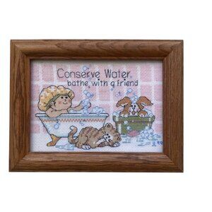 Handmade Framed Cross Stitch Art "Conserve Water Bathe With A Friend" Oak Frame